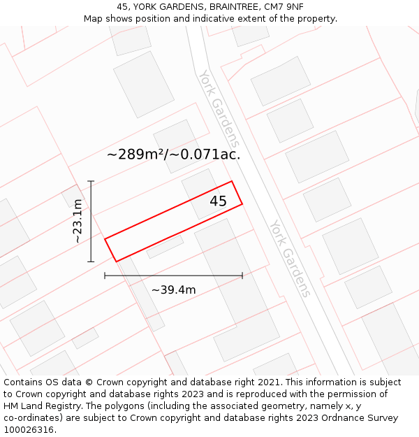 45, YORK GARDENS, BRAINTREE, CM7 9NF: Plot and title map