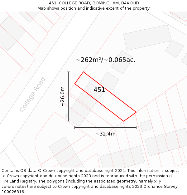 451, COLLEGE ROAD, BIRMINGHAM, B44 0HD: Plot and title map