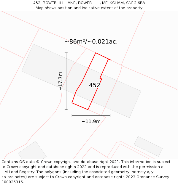 452, BOWERHILL LANE, BOWERHILL, MELKSHAM, SN12 6RA: Plot and title map