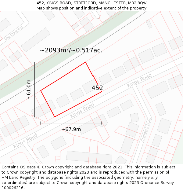 452, KINGS ROAD, STRETFORD, MANCHESTER, M32 8QW: Plot and title map