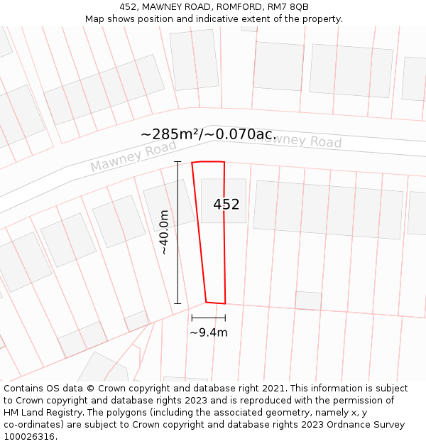 452, MAWNEY ROAD, ROMFORD, RM7 8QB: Plot and title map