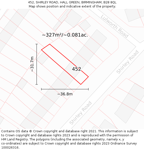 452, SHIRLEY ROAD, HALL GREEN, BIRMINGHAM, B28 8QL: Plot and title map