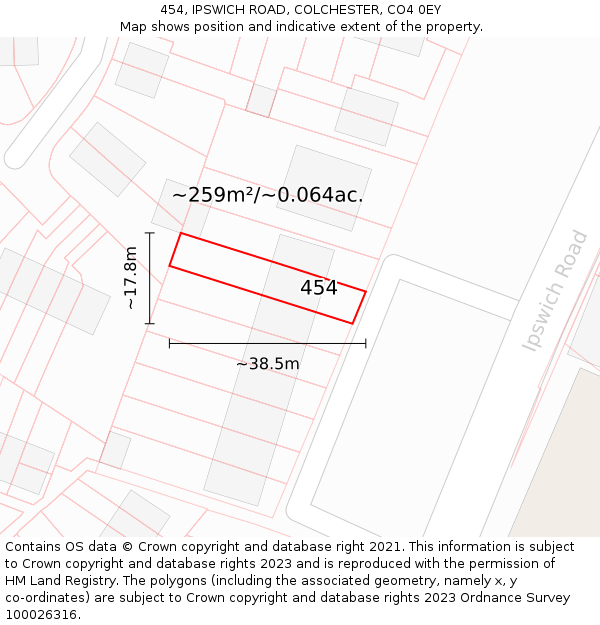 454, IPSWICH ROAD, COLCHESTER, CO4 0EY: Plot and title map