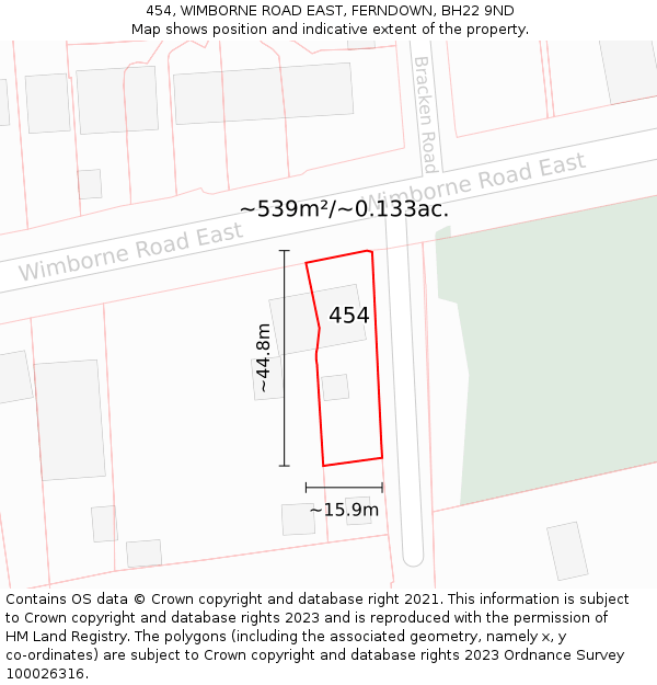 454, WIMBORNE ROAD EAST, FERNDOWN, BH22 9ND: Plot and title map
