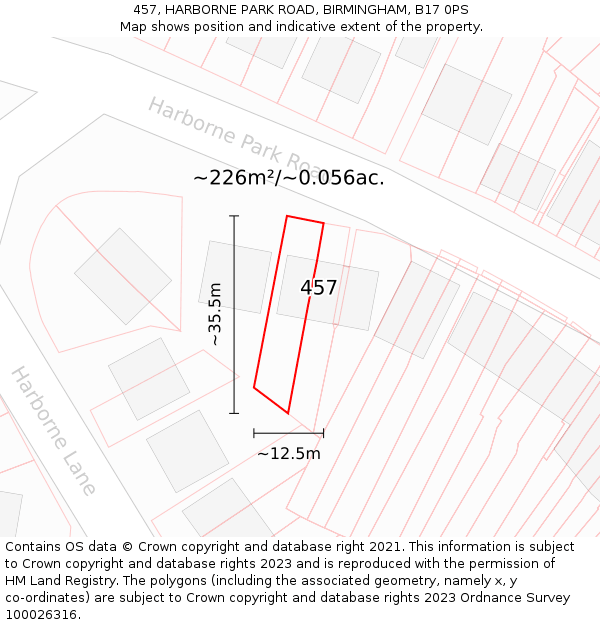 457, HARBORNE PARK ROAD, BIRMINGHAM, B17 0PS: Plot and title map