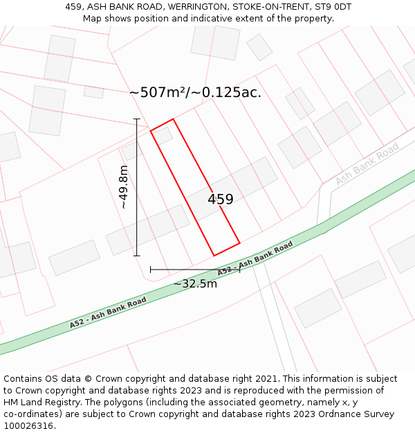 459, ASH BANK ROAD, WERRINGTON, STOKE-ON-TRENT, ST9 0DT: Plot and title map