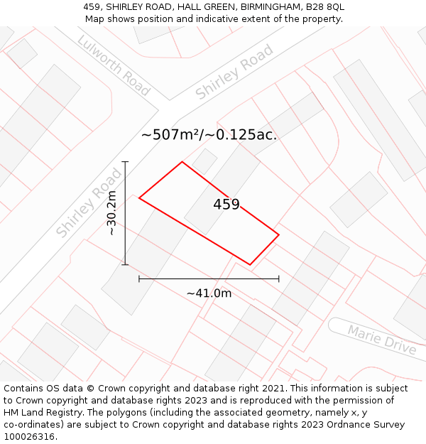 459, SHIRLEY ROAD, HALL GREEN, BIRMINGHAM, B28 8QL: Plot and title map