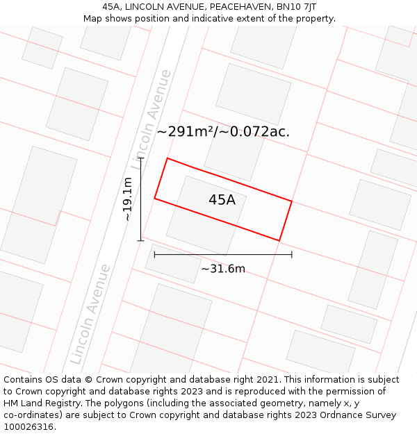 45A, LINCOLN AVENUE, PEACEHAVEN, BN10 7JT: Plot and title map