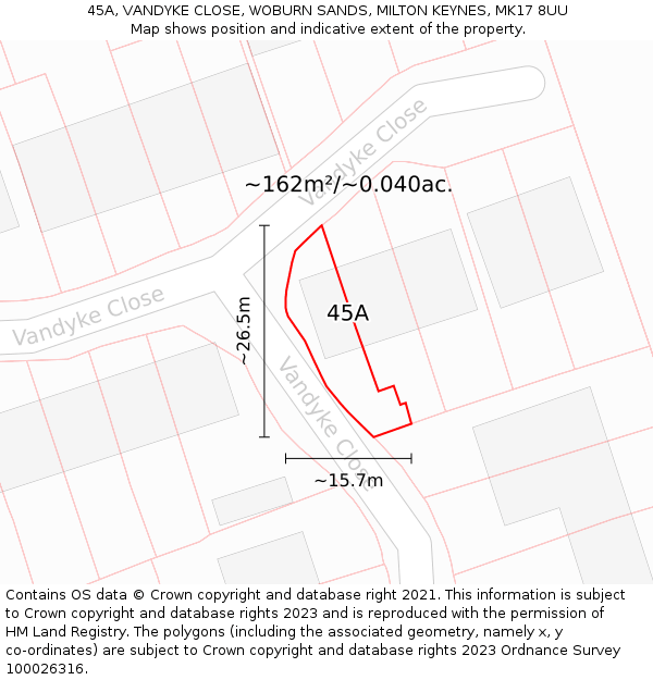 45A, VANDYKE CLOSE, WOBURN SANDS, MILTON KEYNES, MK17 8UU: Plot and title map