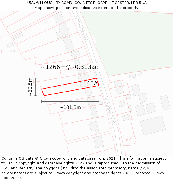 45A, WILLOUGHBY ROAD, COUNTESTHORPE, LEICESTER, LE8 5UA: Plot and title map