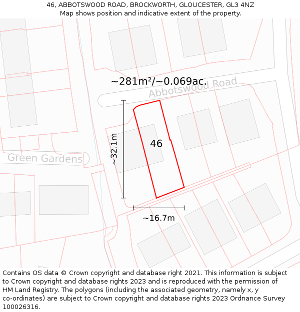 46, ABBOTSWOOD ROAD, BROCKWORTH, GLOUCESTER, GL3 4NZ: Plot and title map