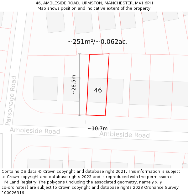 46, AMBLESIDE ROAD, URMSTON, MANCHESTER, M41 6PH: Plot and title map