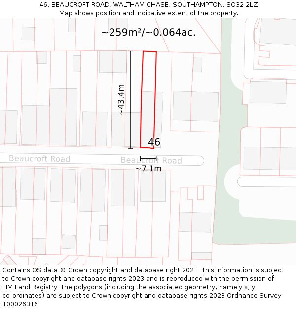 46, BEAUCROFT ROAD, WALTHAM CHASE, SOUTHAMPTON, SO32 2LZ: Plot and title map