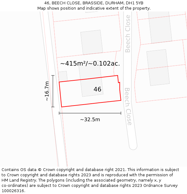 46, BEECH CLOSE, BRASSIDE, DURHAM, DH1 5YB: Plot and title map