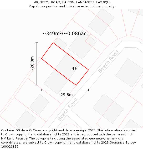 46, BEECH ROAD, HALTON, LANCASTER, LA2 6QH: Plot and title map