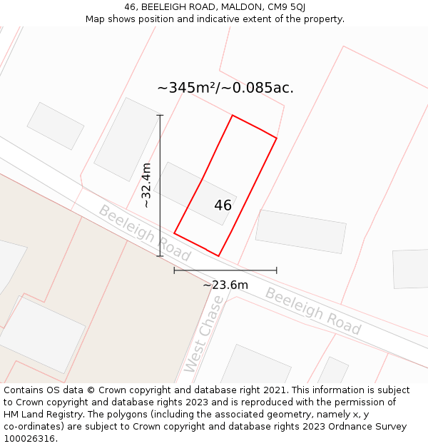 46, BEELEIGH ROAD, MALDON, CM9 5QJ: Plot and title map