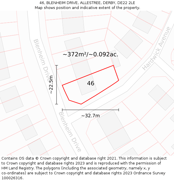 46, BLENHEIM DRIVE, ALLESTREE, DERBY, DE22 2LE: Plot and title map