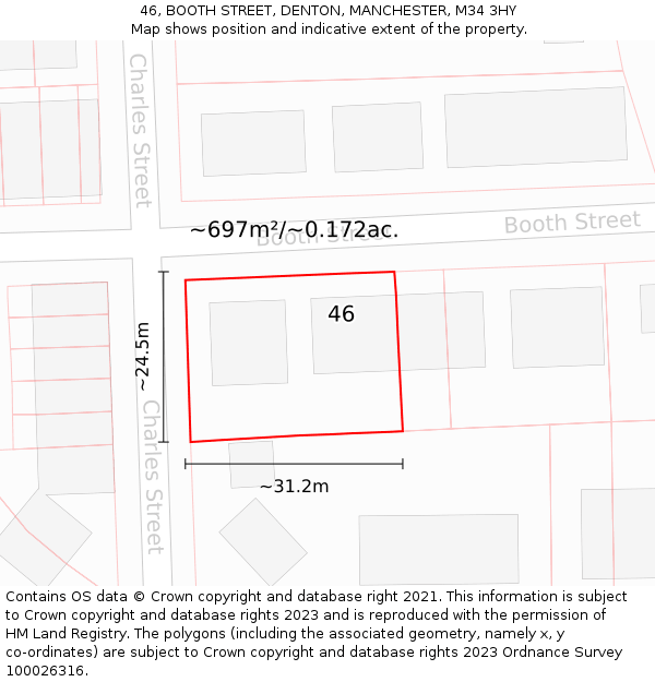 46, BOOTH STREET, DENTON, MANCHESTER, M34 3HY: Plot and title map