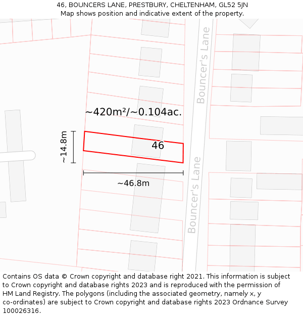 46, BOUNCERS LANE, PRESTBURY, CHELTENHAM, GL52 5JN: Plot and title map