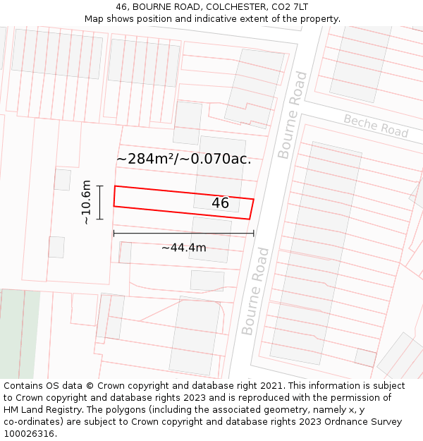 46, BOURNE ROAD, COLCHESTER, CO2 7LT: Plot and title map