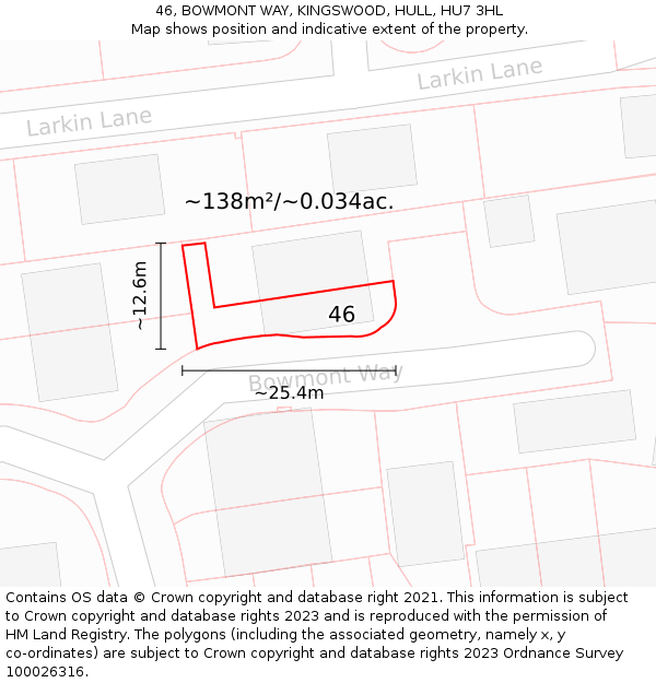 46, BOWMONT WAY, KINGSWOOD, HULL, HU7 3HL: Plot and title map