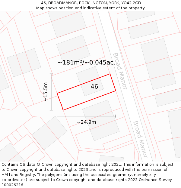 46, BROADMANOR, POCKLINGTON, YORK, YO42 2GB: Plot and title map