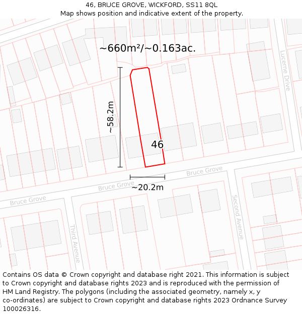 46, BRUCE GROVE, WICKFORD, SS11 8QL: Plot and title map