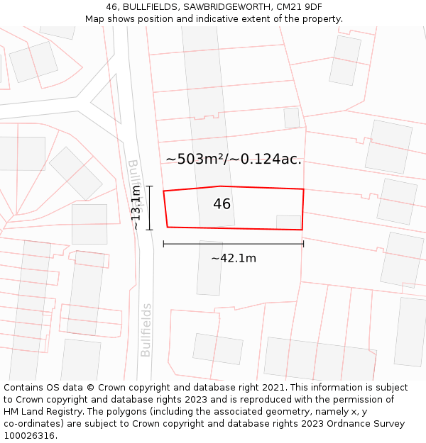 46, BULLFIELDS, SAWBRIDGEWORTH, CM21 9DF: Plot and title map