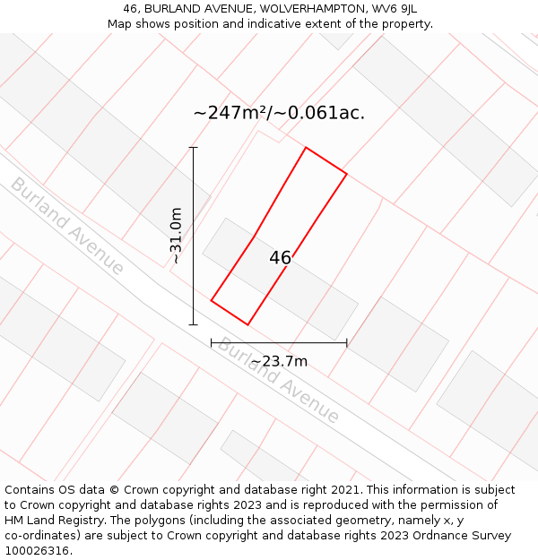 46, BURLAND AVENUE, WOLVERHAMPTON, WV6 9JL: Plot and title map