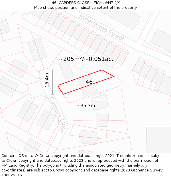 46, CARDERS CLOSE, LEIGH, WN7 4JX: Plot and title map