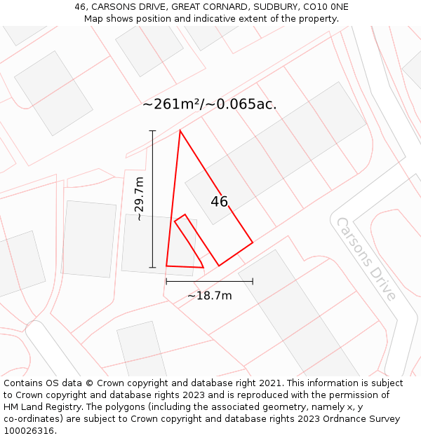 46, CARSONS DRIVE, GREAT CORNARD, SUDBURY, CO10 0NE: Plot and title map