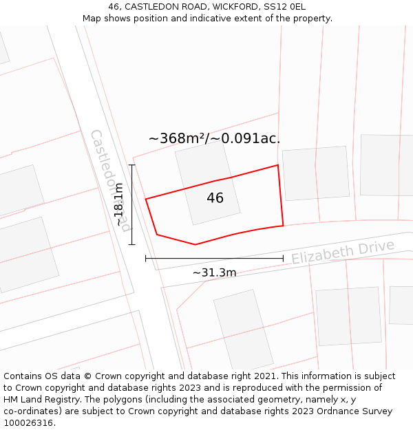 46, CASTLEDON ROAD, WICKFORD, SS12 0EL: Plot and title map