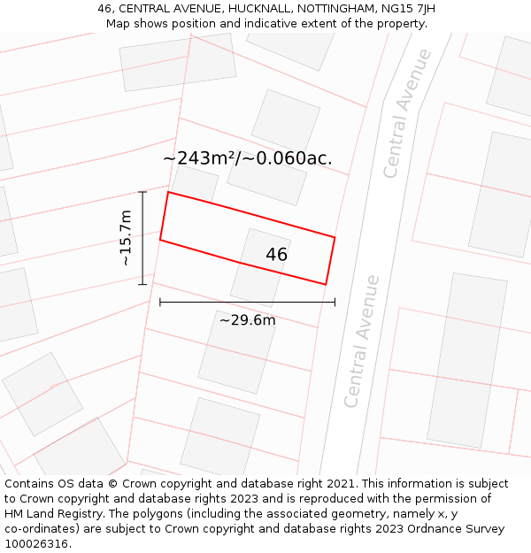 46, CENTRAL AVENUE, HUCKNALL, NOTTINGHAM, NG15 7JH: Plot and title map