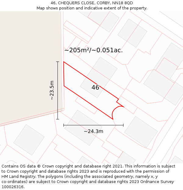 46, CHEQUERS CLOSE, CORBY, NN18 8QD: Plot and title map