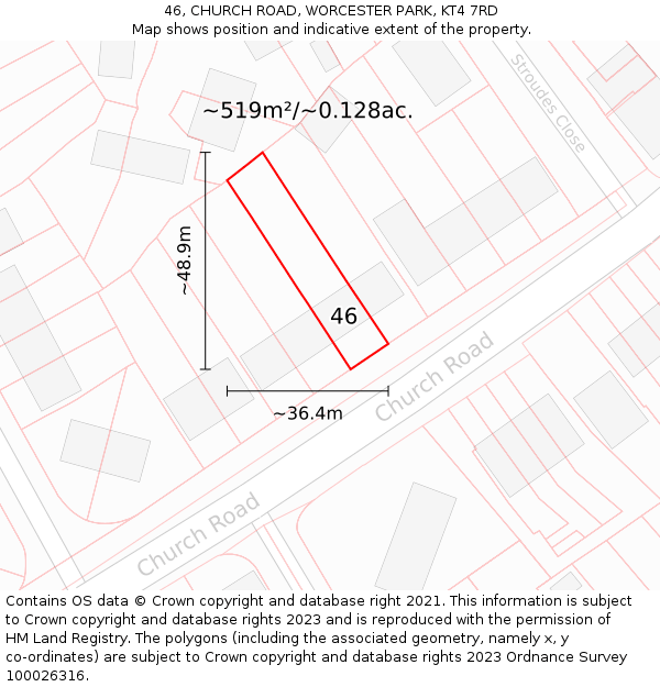 46, CHURCH ROAD, WORCESTER PARK, KT4 7RD: Plot and title map