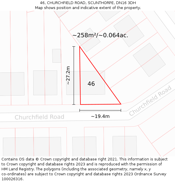 46, CHURCHFIELD ROAD, SCUNTHORPE, DN16 3DH: Plot and title map