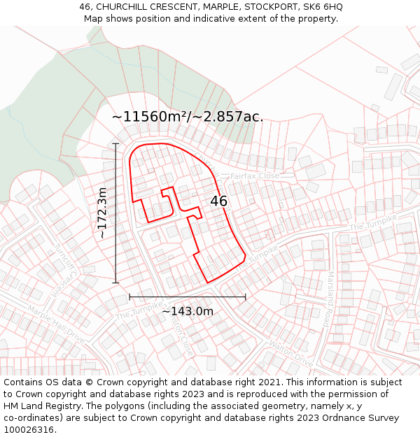 46, CHURCHILL CRESCENT, MARPLE, STOCKPORT, SK6 6HQ: Plot and title map