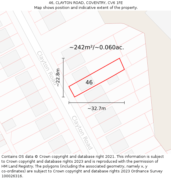 46, CLAYTON ROAD, COVENTRY, CV6 1FE: Plot and title map