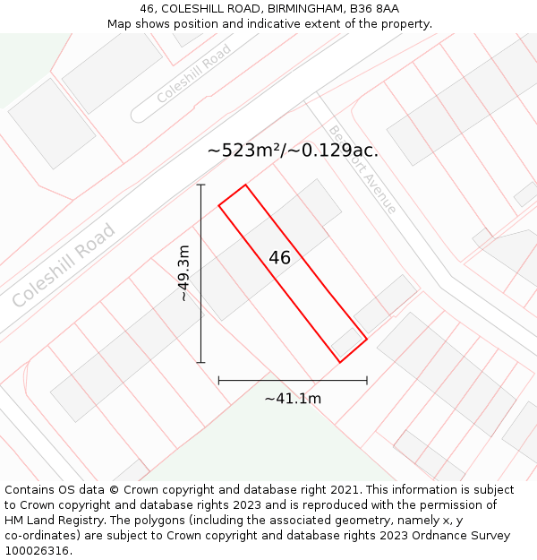 46, COLESHILL ROAD, BIRMINGHAM, B36 8AA: Plot and title map