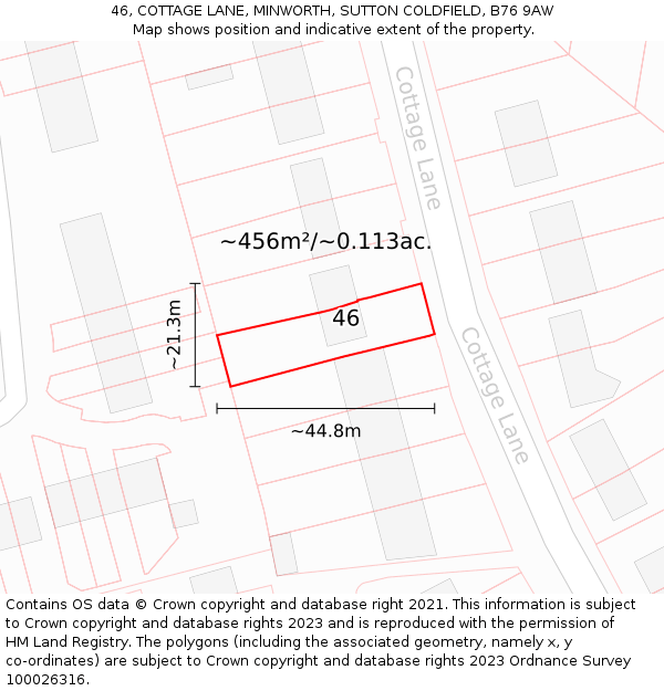 46, COTTAGE LANE, MINWORTH, SUTTON COLDFIELD, B76 9AW: Plot and title map