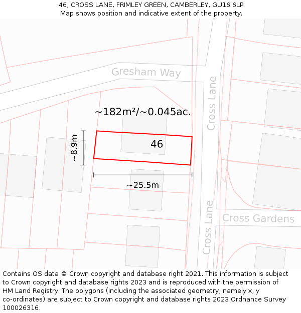 46, CROSS LANE, FRIMLEY GREEN, CAMBERLEY, GU16 6LP: Plot and title map