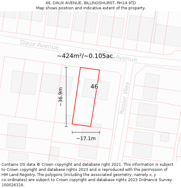 46, DAUX AVENUE, BILLINGSHURST, RH14 9TD: Plot and title map