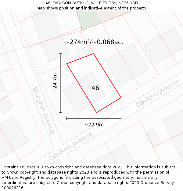 46, DAVISON AVENUE, WHITLEY BAY, NE26 1SD: Plot and title map