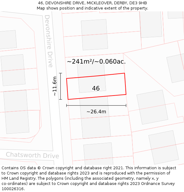 46, DEVONSHIRE DRIVE, MICKLEOVER, DERBY, DE3 9HB: Plot and title map