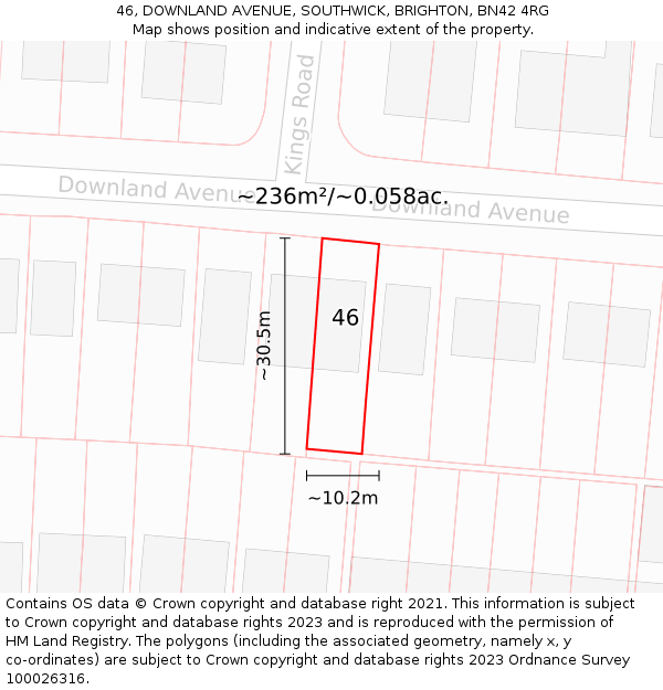 46, DOWNLAND AVENUE, SOUTHWICK, BRIGHTON, BN42 4RG: Plot and title map