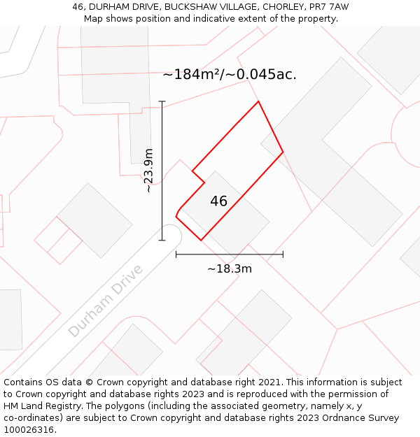 46, DURHAM DRIVE, BUCKSHAW VILLAGE, CHORLEY, PR7 7AW: Plot and title map