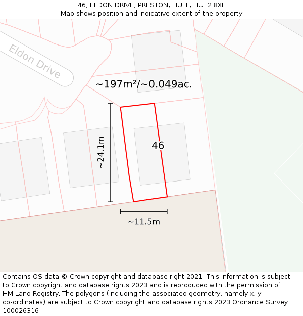 46, ELDON DRIVE, PRESTON, HULL, HU12 8XH: Plot and title map