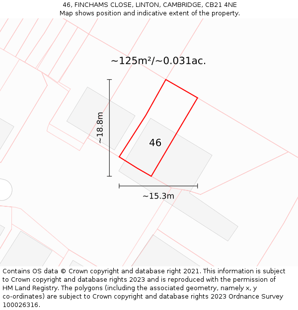 46, FINCHAMS CLOSE, LINTON, CAMBRIDGE, CB21 4NE: Plot and title map