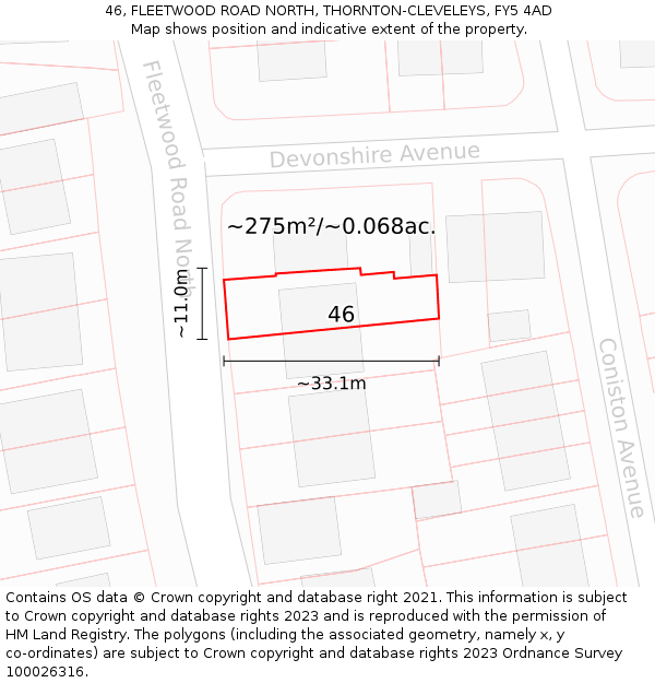 46, FLEETWOOD ROAD NORTH, THORNTON-CLEVELEYS, FY5 4AD: Plot and title map