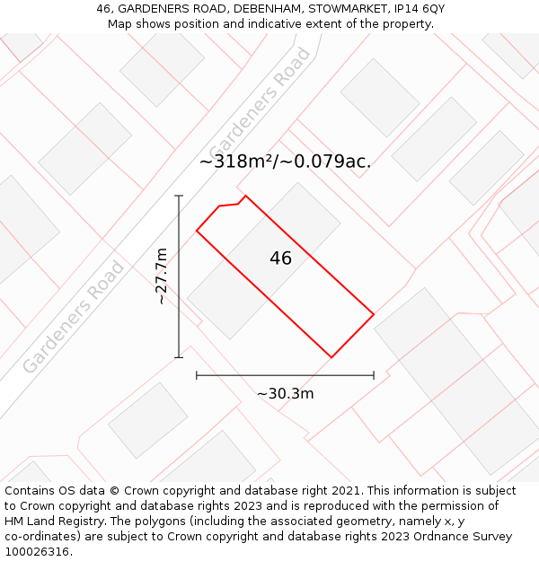 46, GARDENERS ROAD, DEBENHAM, STOWMARKET, IP14 6QY: Plot and title map